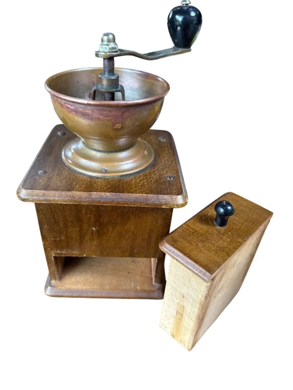 Vintage Wooden Coffee Grinder With Brass Bowl & Drawer Made In Western Germany